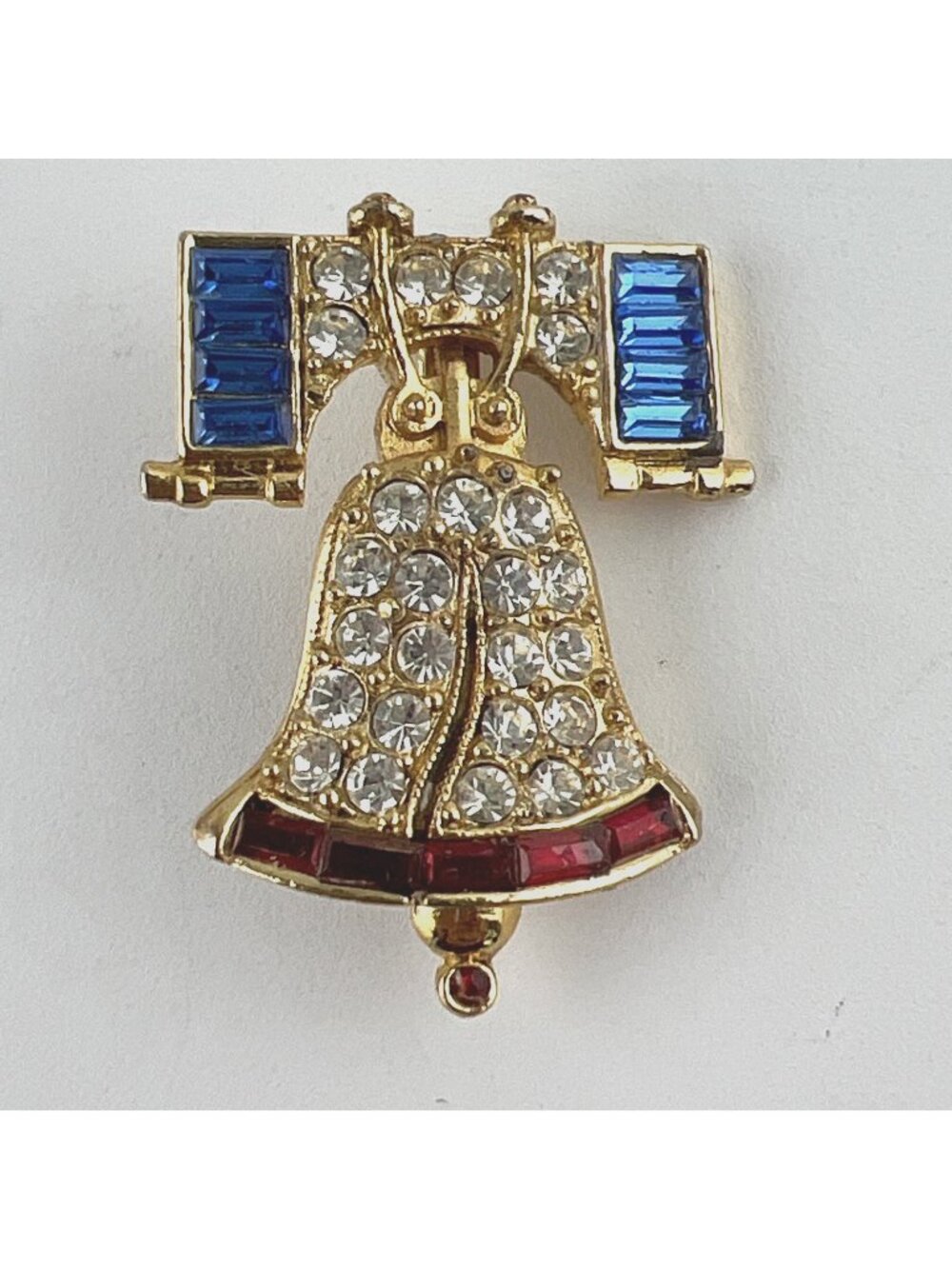 Vintage Liberty Bell Brooch with Crystals Red White and Blue Rhinestones Pin